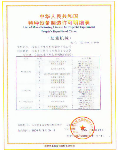 中华人民共和国特种设备制造许可明细表